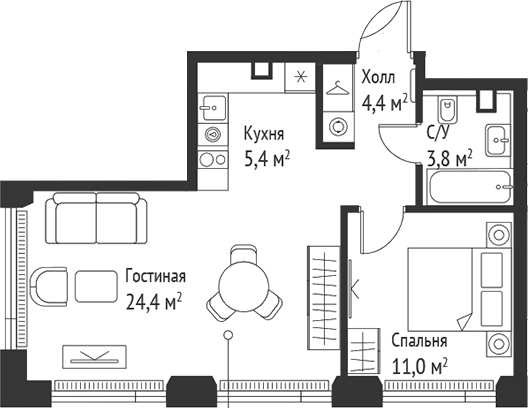Планировка — Сет, 2-комн., 49 м²