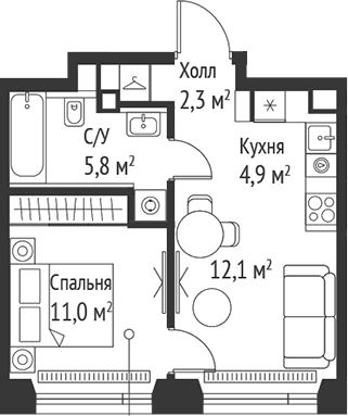 Планировка — Сет, 2-комн., 36 м²