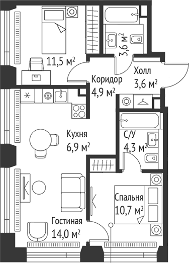 Планировка — Сет, 3-комн., 59 м²