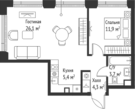 Планировка — Сет, 2-комн., 52 м²