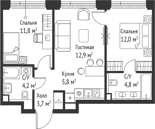 Планировка — Сет, 3-комн., 55 м²