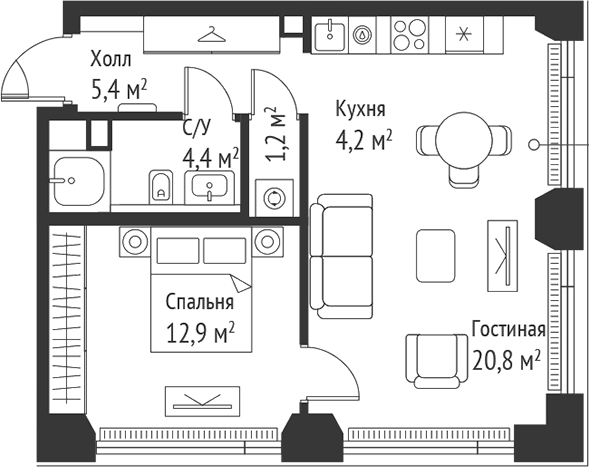 Планировка — Сет, 2-комн., 49 м²