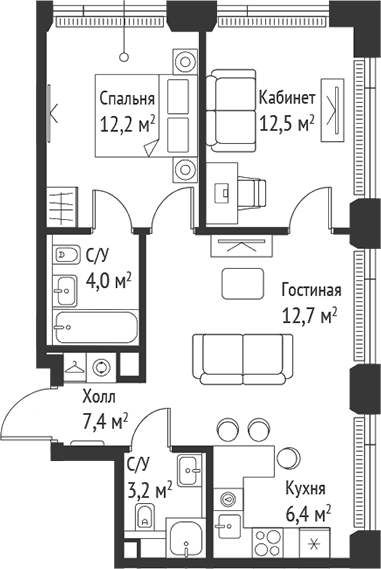 Планировка — Сет, 3-комн., 58 м²