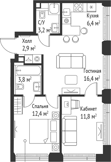 Планировка — Сет, 3-комн., 57 м²
