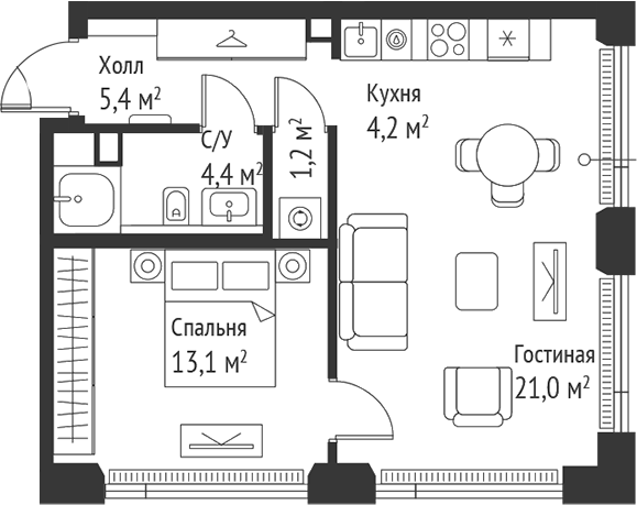 Планировка — Сет, 2-комн., 49 м²