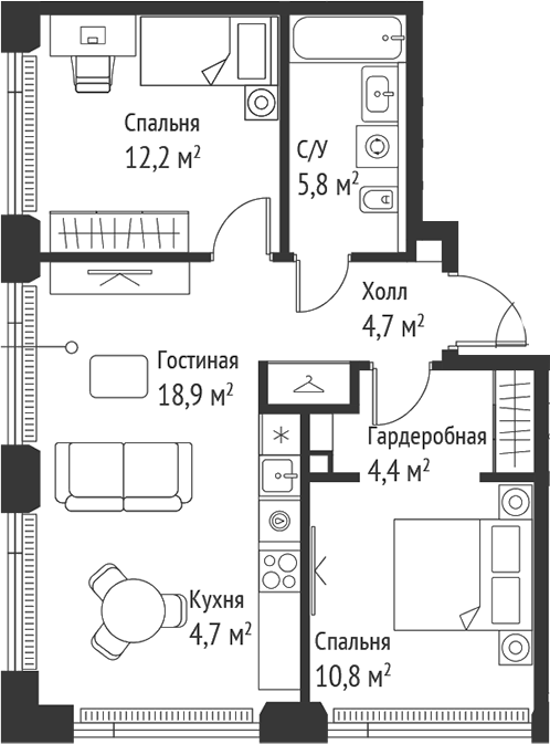 Планировка — Сет, 3-комн., 61 м²