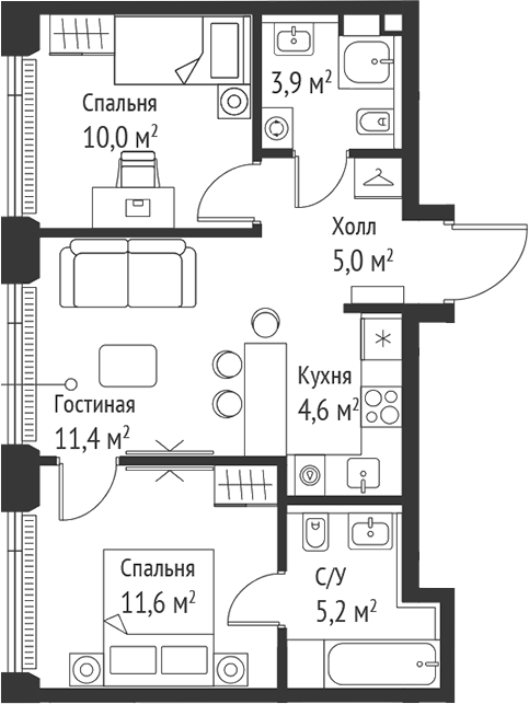 Планировка — Сет, 3-комн., 52 м²