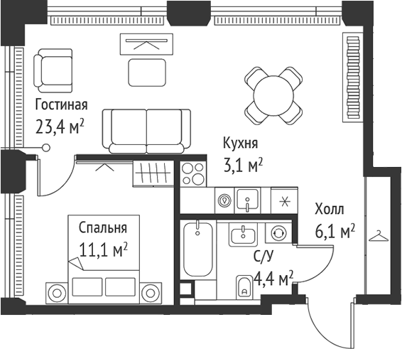 Планировка — Сет, 2-комн., 48 м²