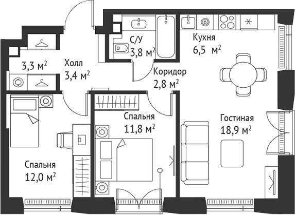 Планировка — Сет, 3-комн., 63 м²