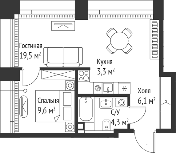 Планировка — Сет, 2-комн., 43 м²