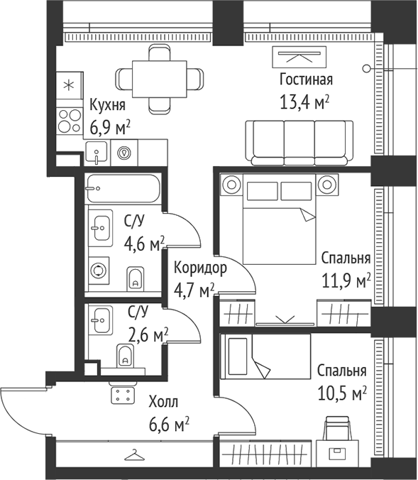 Планировка — Сет, 3-комн., 61 м²