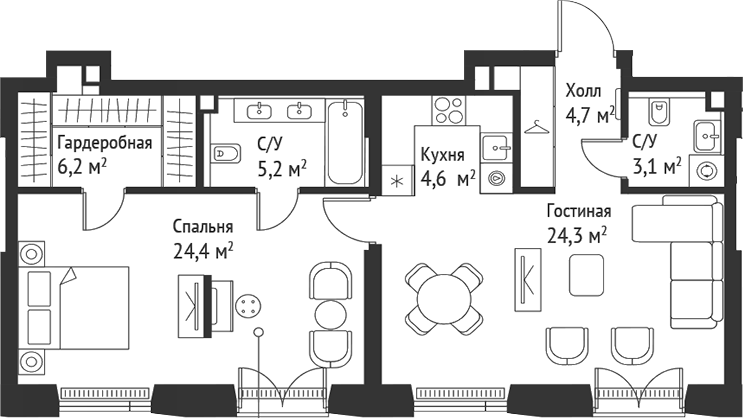Планировка — Сет, 2-комн., 72 м²