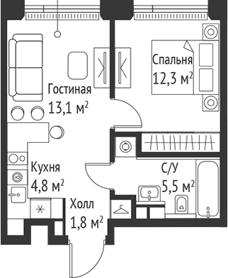 Планировка — Сет, 2-комн., 38 м²