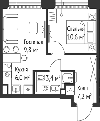 Планировка — Сет, 2-комн., 37 м²