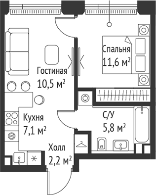 Планировка — Сет, 2-комн., 37 м²