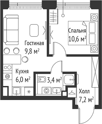 Планировка — Сет, 2-комн., 37 м²