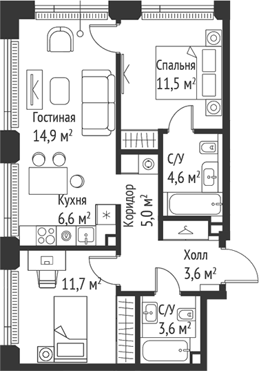Планировка — Сет, 3-комн., 61 м²