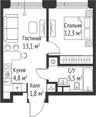 Планировка — Сет, 2-комн., 38 м²