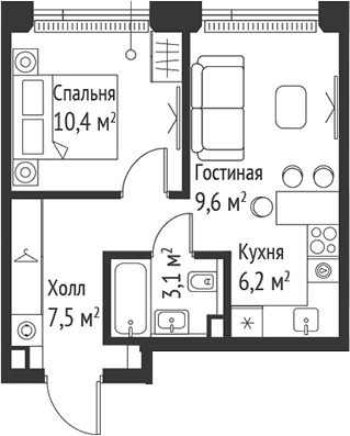 Планировка — Сет, 2-комн., 37 м²