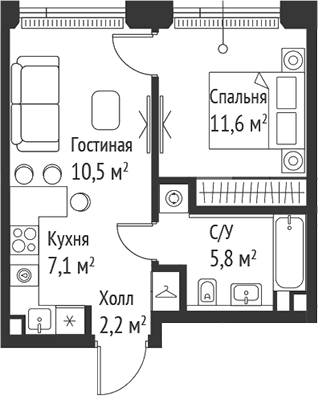 Планировка — Сет, 2-комн., 37 м²