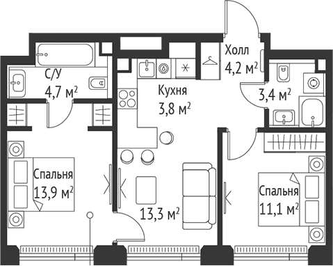 Планировка — Сет, 3-комн., 54 м²