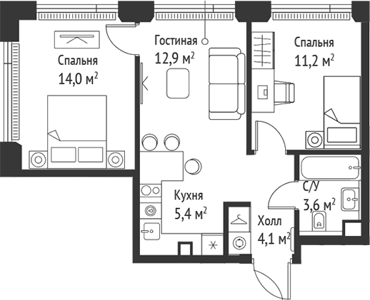 Планировка — Сет, 3-комн., 51 м²
