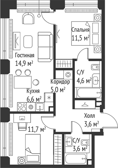 Планировка — Сет, 3-комн., 61 м²