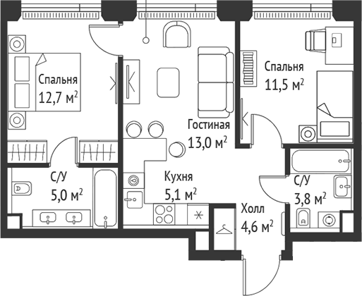 Планировка — Сет, 3-комн., 56 м²