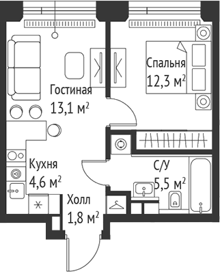 Планировка — Сет, 2-комн., 37 м²