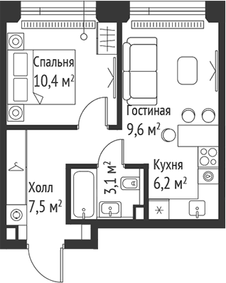 Планировка — Сет, 2-комн., 37 м²
