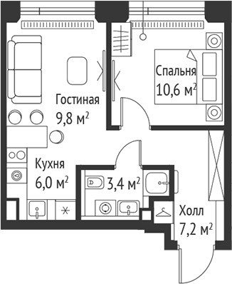Планировка — Сет, 2-комн., 37 м²