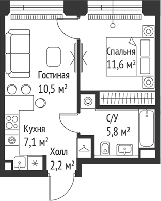 Планировка — Сет, 2-комн., 37 м²
