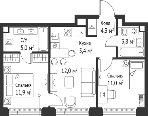 Планировка — Сет, 3-комн., 53 м²