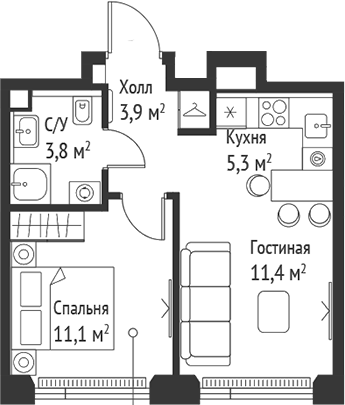 Планировка — Сет, 2-комн., 36 м²