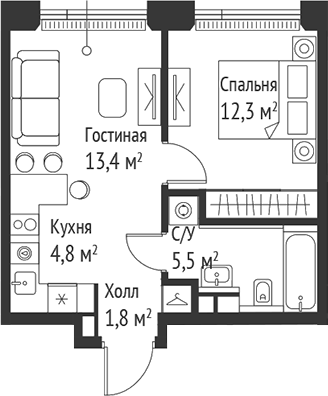 Планировка — Сет, 2-комн., 38 м²