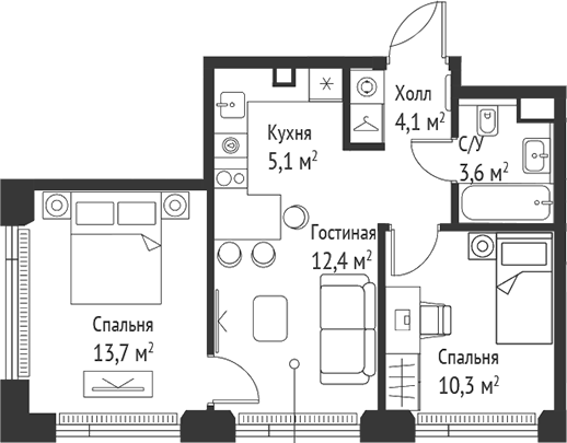 Планировка — Сет, 3-комн., 49 м²