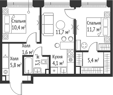 Планировка — Сет, 3-комн., 54 м²