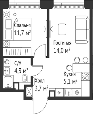 Планировка — Сет, 2-комн., 39 м²