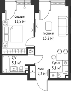 Планировка — Сет, 2-комн., 41 м²