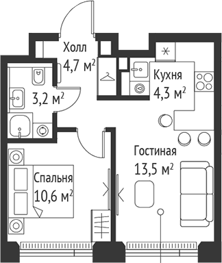 Планировка — Сет, 2-комн., 36 м²