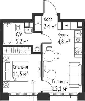 Планировка — Сет, 2-комн., 36 м²