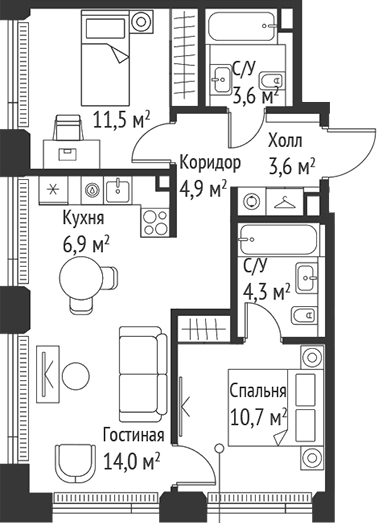 Планировка — Сет, 3-комн., 59 м²