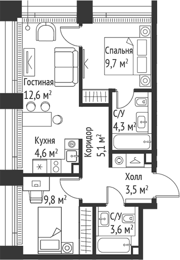 Планировка — Сет, 3-комн., 53 м²