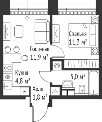 Планировка — Сет, 2-комн., 35 м²