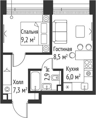 Планировка — Сет, 2-комн., 34 м²