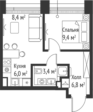 Планировка — Сет, 2-комн., 34 м²