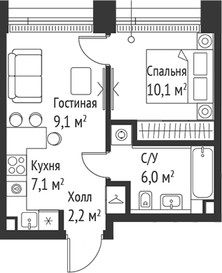 Планировка — Сет, 2-комн., 34 м²