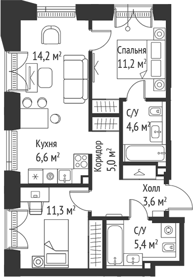 Планировка — Сет, 3-комн., 62 м²