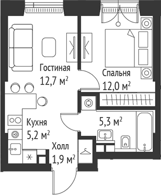 Планировка — Сет, 2-комн., 37 м²