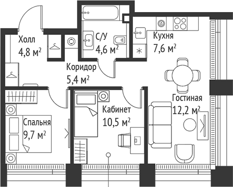 Планировка — Сет, 3-комн., 55 м²